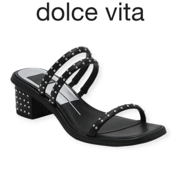 DOLCE VITA STELLA RYE BLACK LEATHER STUDDED STRAPPY HEELED SANDALS - Picture 1 of 16
